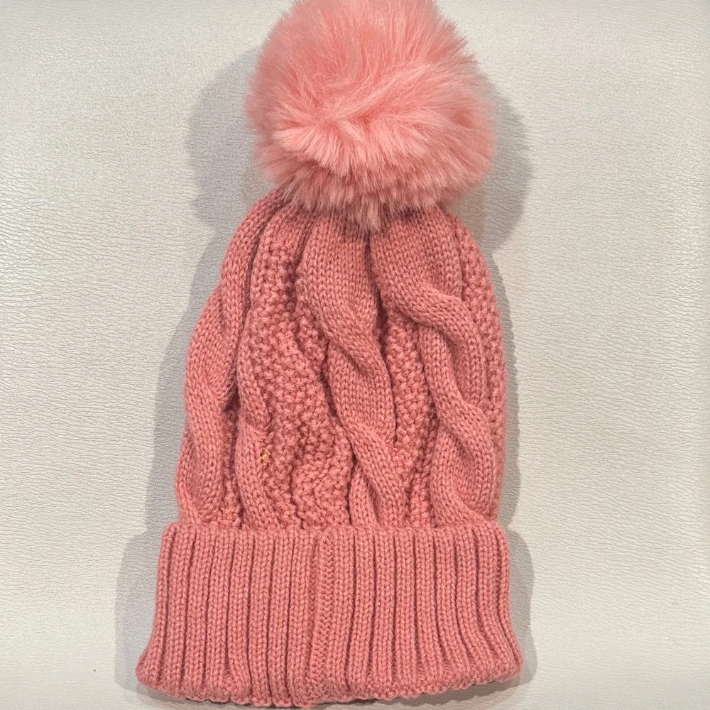 UGG Accessories. Cable Knit Winter Beanie with Faux Fur Pom. Colors: Pink NWT. - Picture 2 of 2